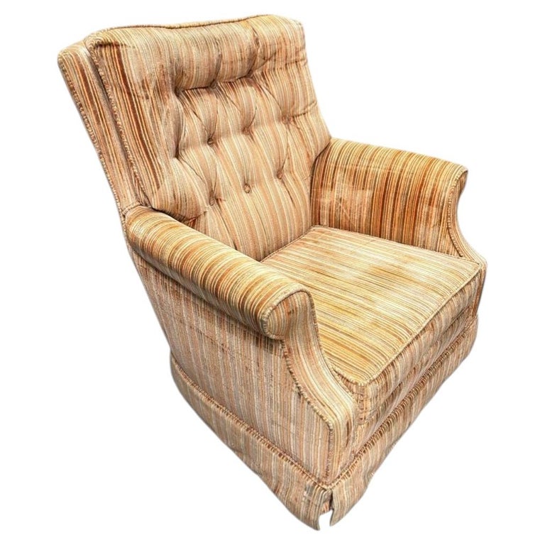 1970 Tuffted Velvet Gold Green Striped Swivel Arm Chair