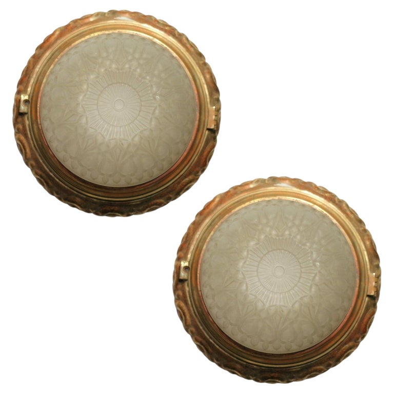 1930s Empire Style Bronze Dome Ceiling or Wall Light Fixtures, Pair