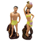 Mid-Century Hand Painted Hawaiian Hula Girl & Male Surfer Ceramic Statue Set