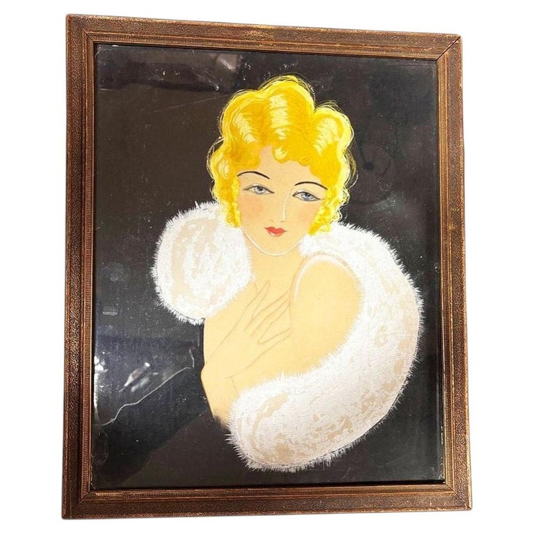 1920 Female Glamour Flapper Portrait Pastel on Black Paper, Framed