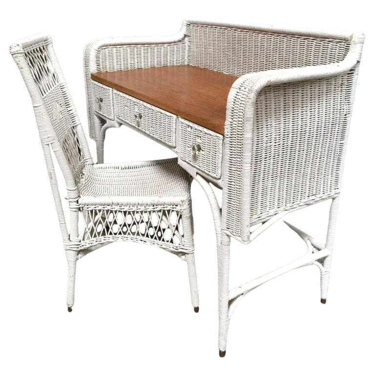 Shabby Chic White Wicker Mahogany Top Writing Secretary Desk w/ Chair