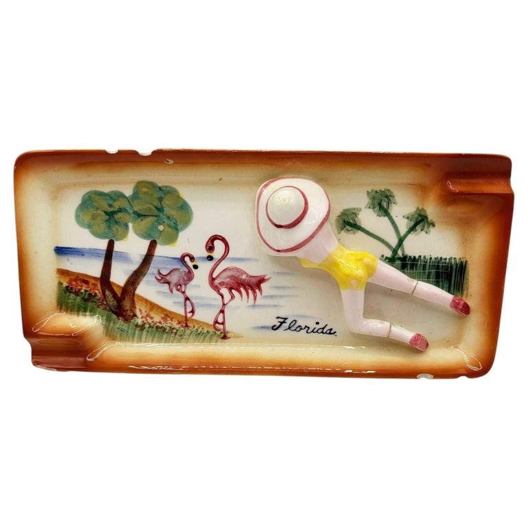 Mid-century Hand Painted 3D Women on Florida Beach Ceramic Ashtray