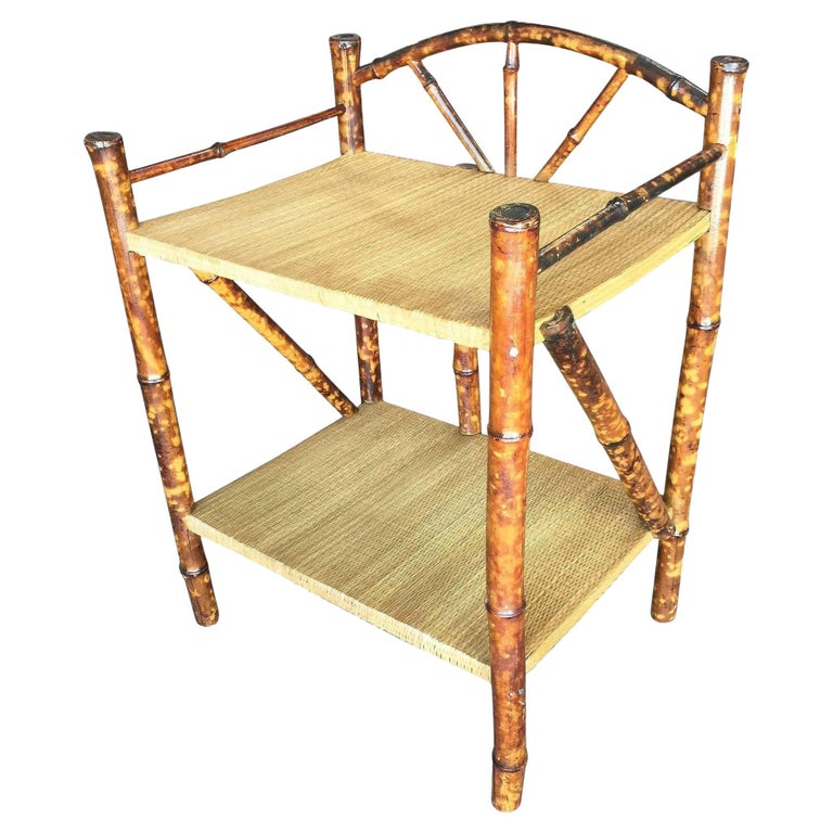Restored Tiger Bamboo Two-Tier Short Shelf with Bottom Shelf