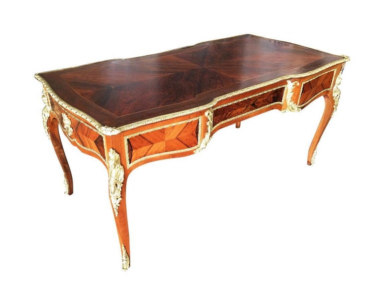 Louis XV Rococo Mahogany, Satinwood and Bureau Plat Executive Writing Desk