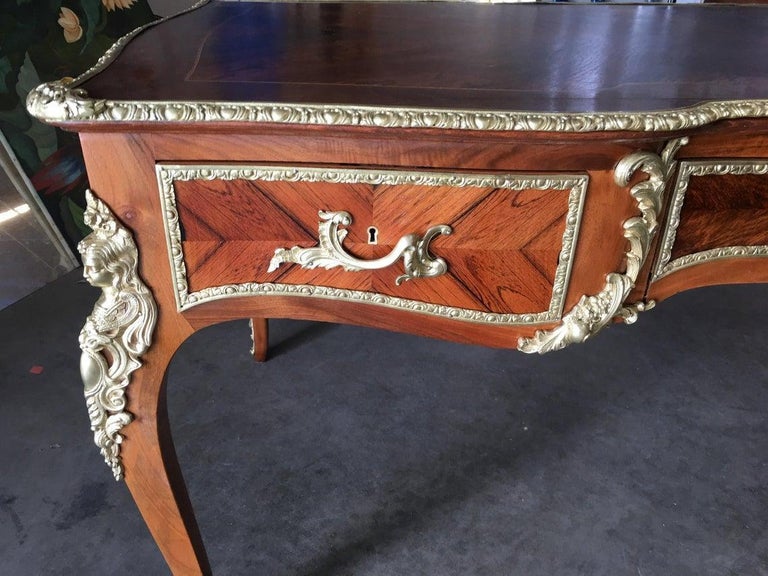Louis XV Rococo Mahogany, Satinwood and Bureau Plat Executive Writing Desk