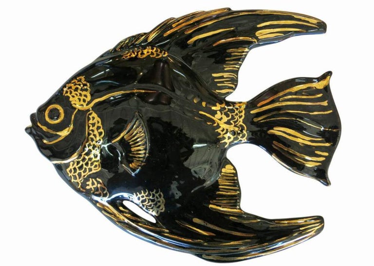 Mid-century Ceramic Black & Gold Plaster Aquatic Angelfish Wall Art, Set of 4