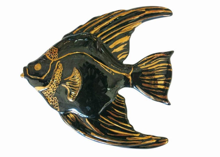 Mid-century Ceramic Black & Gold Plaster Aquatic Angelfish Wall Art, Set of 4