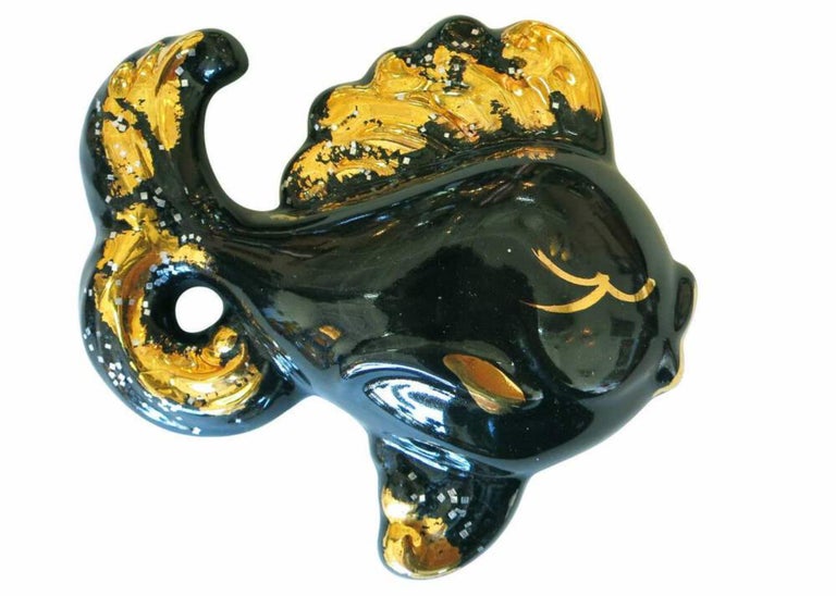 Mid-century Ceramic Black & Gold Plaster Aquatic Angelfish Wall Art, Set of 4