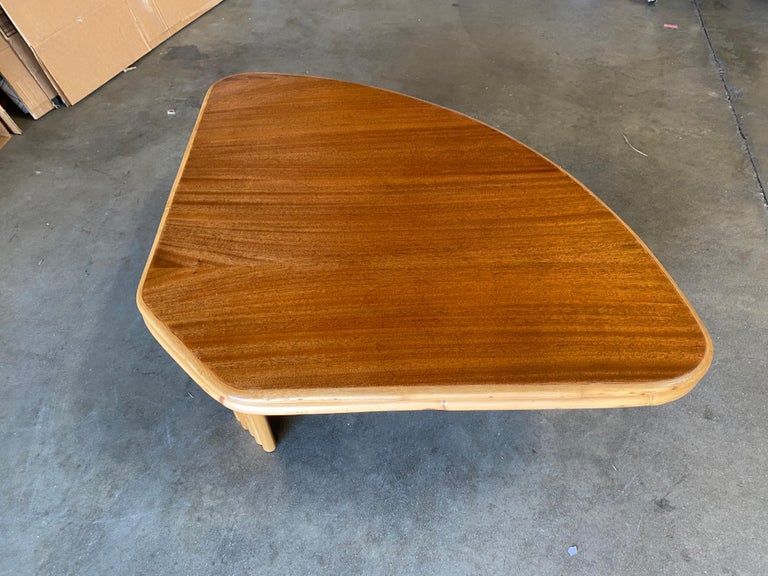 Restored "Pizza Slice" Rattan Side Table with Mahogany Top