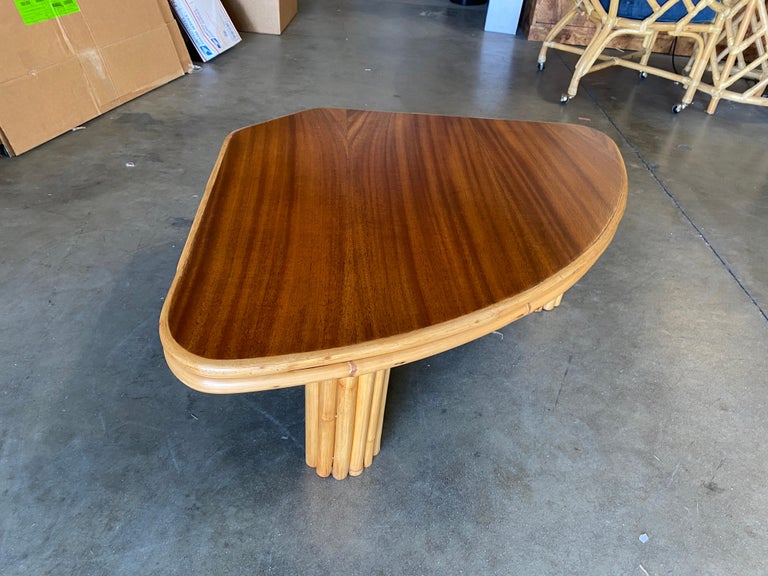 Restored "Pizza Slice" Rattan Side Table with Mahogany Top