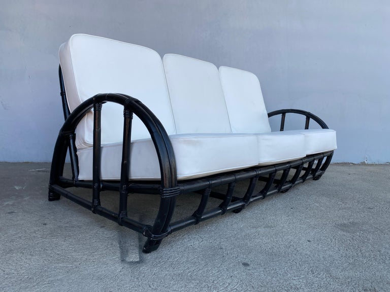 Restored Black Two-Strand "Half Moon" Rattan 3-Seat Sofa