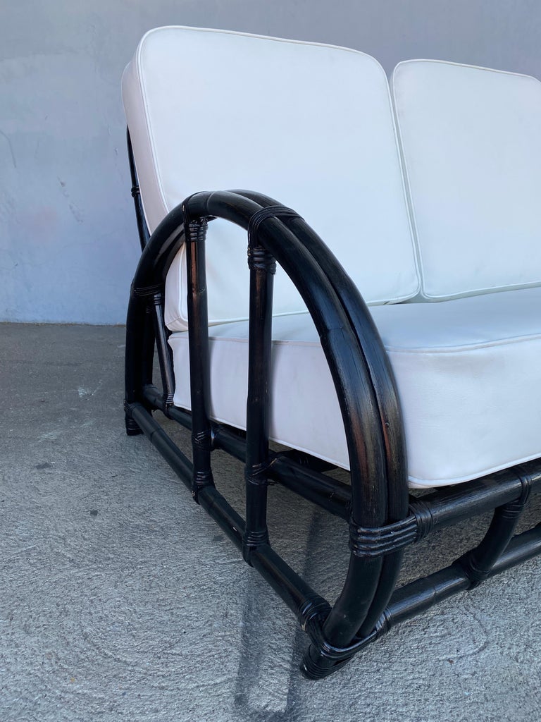 Restored Black Two-Strand "Half Moon" Rattan 3-Seat Sofa