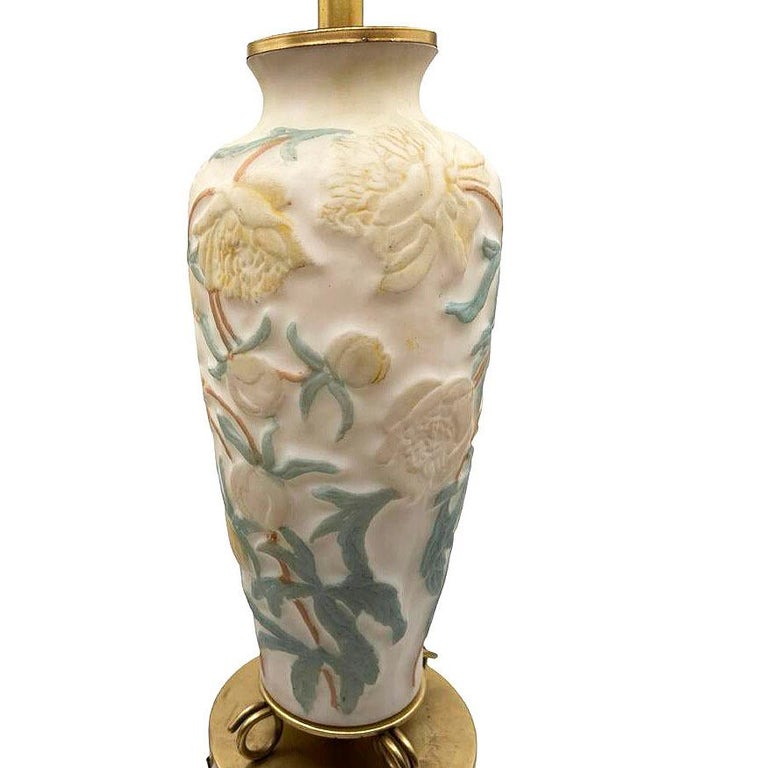 1926 Vintage Phoenix Consolidated Satin Glass Vase Lamp, Peonies w/ Leaves