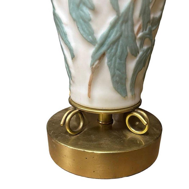 1926 Vintage Phoenix Consolidated Satin Glass Vase Lamp, Peonies w/ Leaves