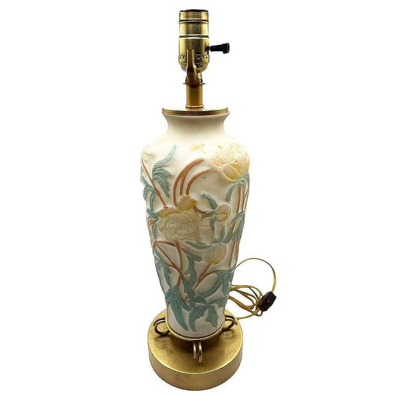 1926 Vintage Phoenix Consolidated Satin Glass Vase Lamp, Peonies w/ Leaves