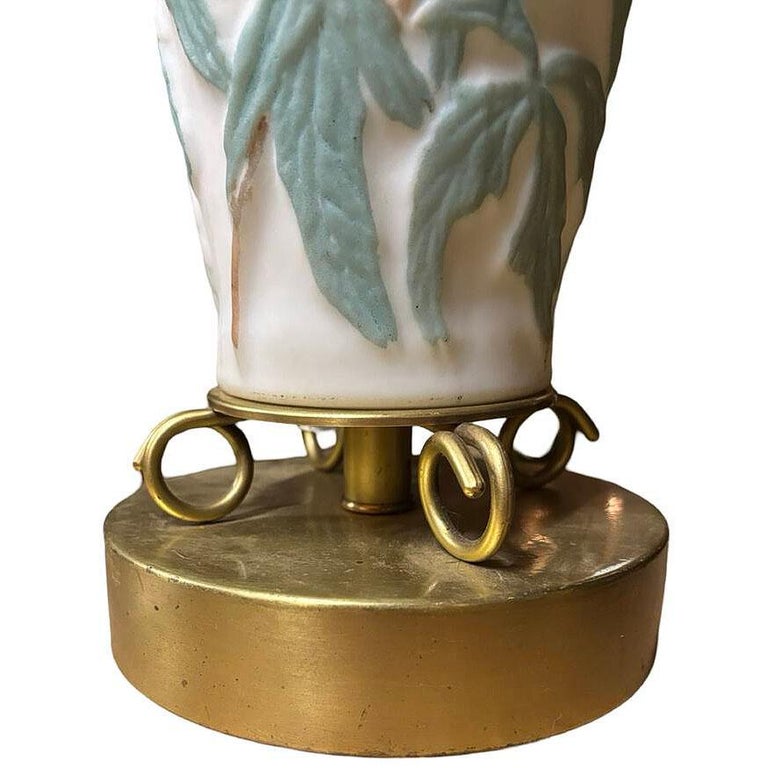 1926 Vintage Phoenix Consolidated Satin Glass Vase Lamp, Peonies w/ Leaves