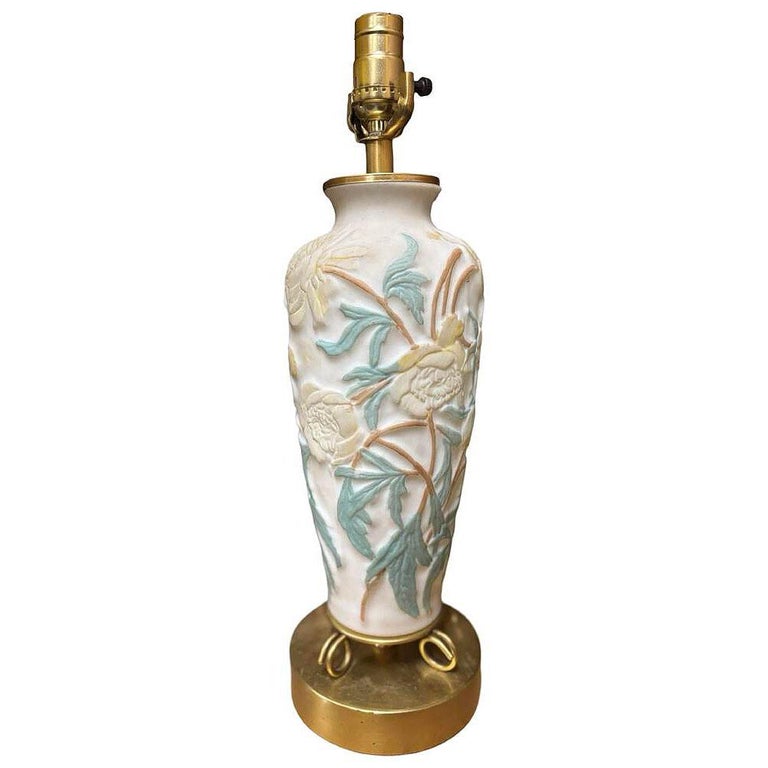 1926 Vintage Phoenix Consolidated Satin Glass Vase Lamp, Peonies w/ Leaves