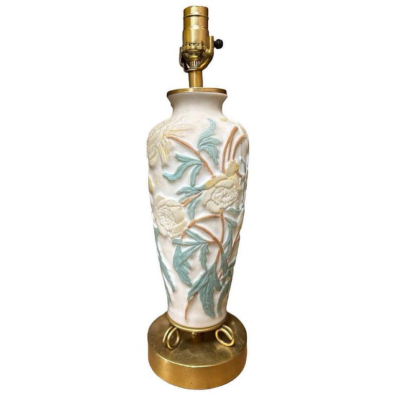 1926 Vintage Phoenix Consolidated Satin Glass Vase Lamp, Peonies w/ Leaves