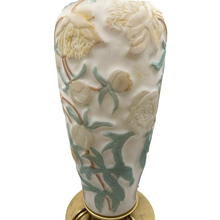 1926 Vintage Phoenix Consolidated Satin Glass Vase Lamp, Peonies w/ Leaves