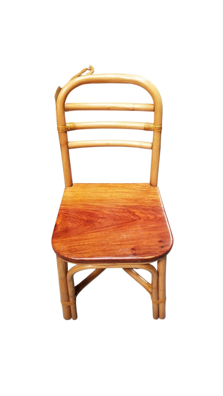 Restored Midcentury Rattan Dining Side Chair with Mahogany Seat, Set of Six
