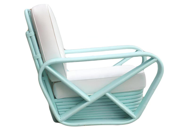 Restored pair Teal Square Pretzel Stacked Rattan Lounge Chairs Style of Frankl