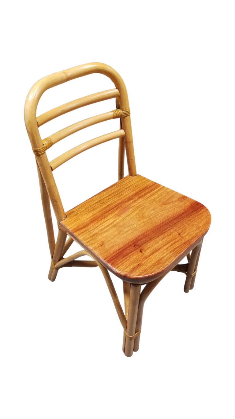 Restored Midcentury Rattan Dining Side Chair with Mahogany Seat, Set of Six